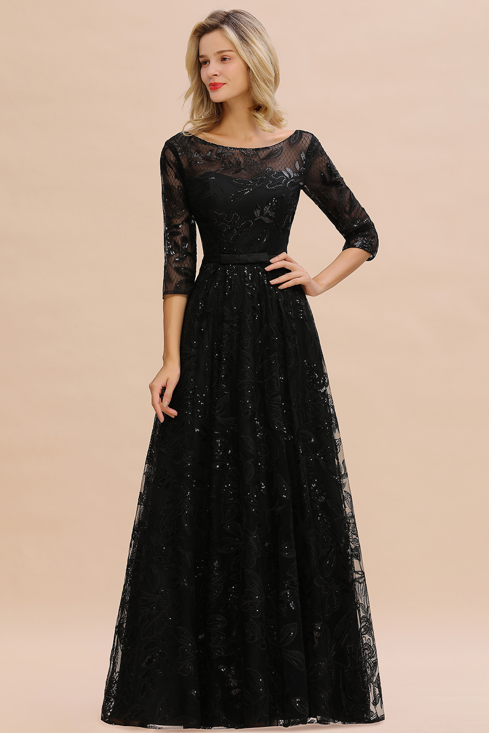 A-line Jewel Neck 3/4-Length Sleeves Floor-length Tulle Evening Dress With Sequins 3