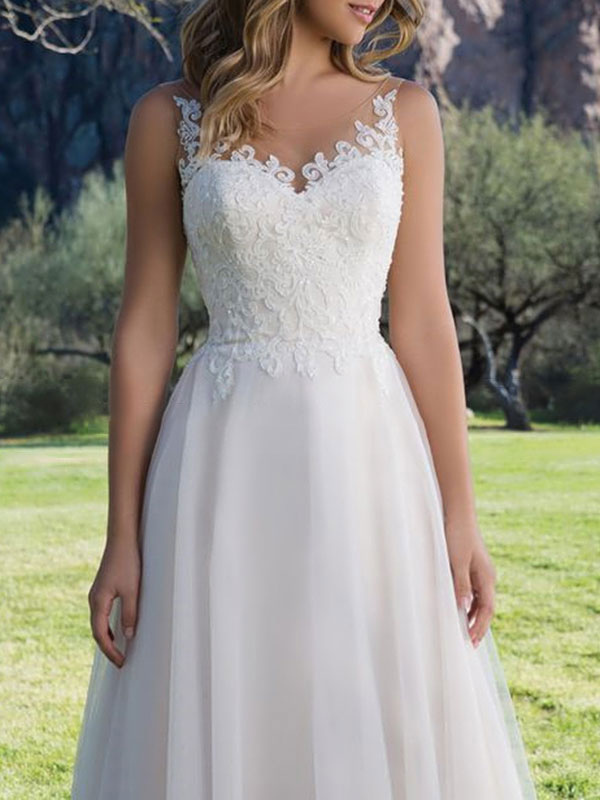 A-line V-neck Sleeveless Court Train Lace Bridal Dress With Lace 3