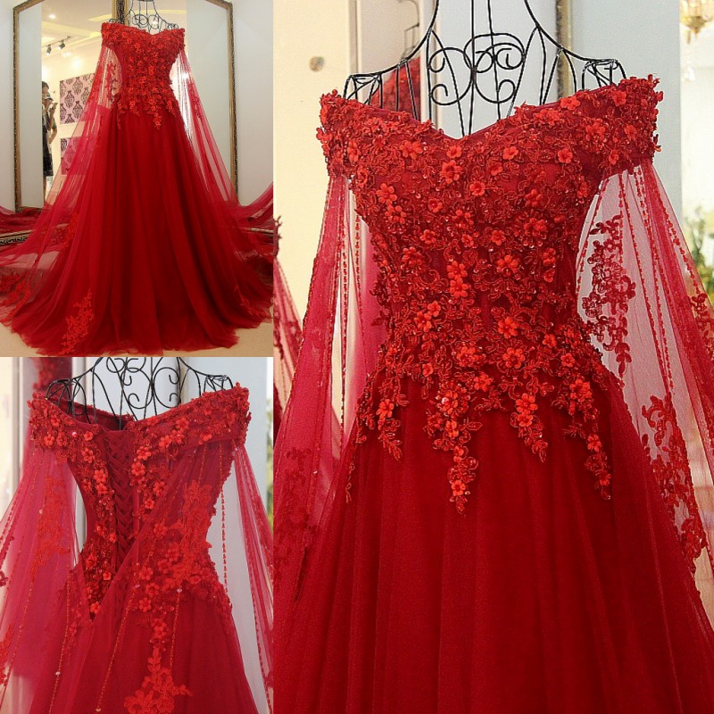 A-line Off-the-shoulder V-neck Sweep / Brush Train Tulle Formal Wear With Appliques 6