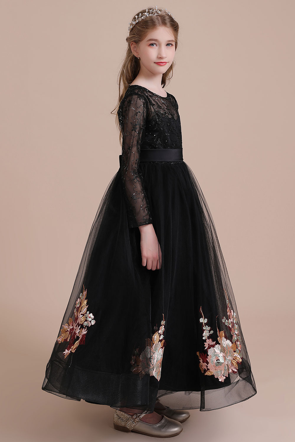 A-line Jewel Neck Long Sleeves Ankle-length Tulle Flower Girl Dress With Appliques 6
