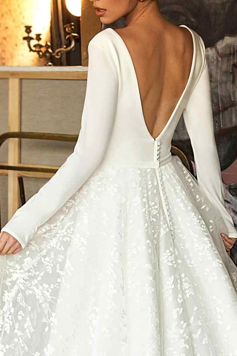 A-line Sweetheart Neck Long Sleeves Court Train Satin Wedding Gown With Lace 2