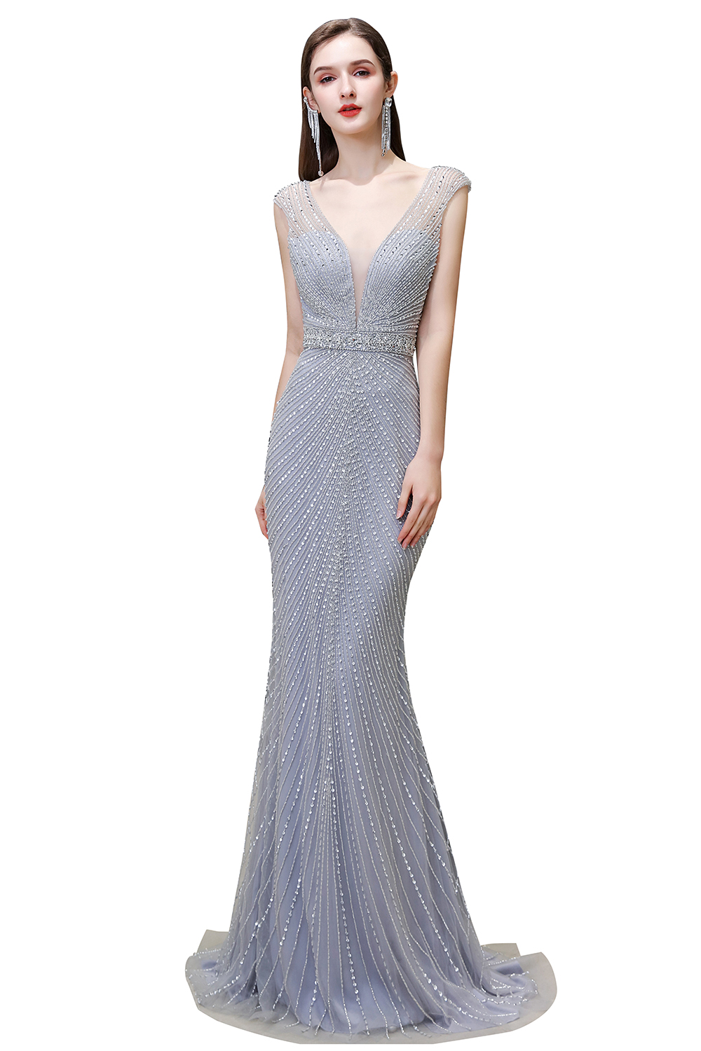 Mermaid V-neck Sleeveless Court Train Tulle Formal Dress With Rhinestone 4