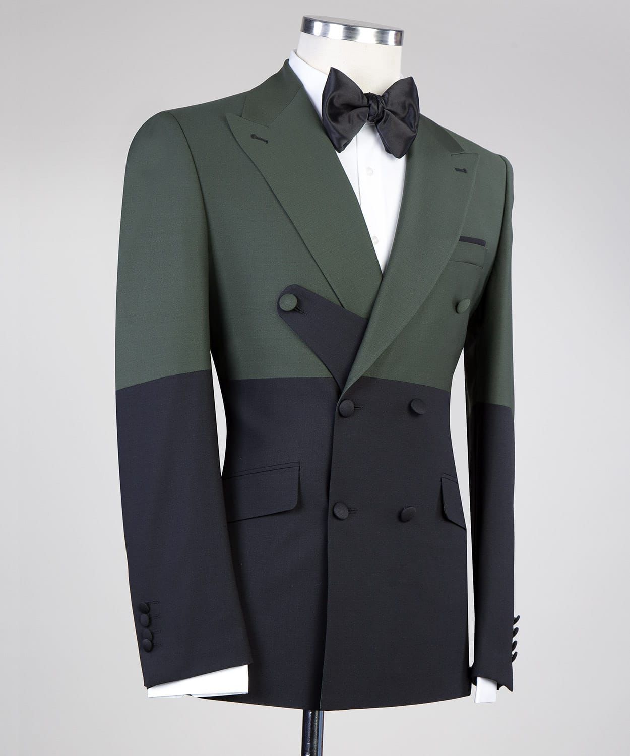 Dark Green and Black Double Breasted Close Fitting Men Suit 2
