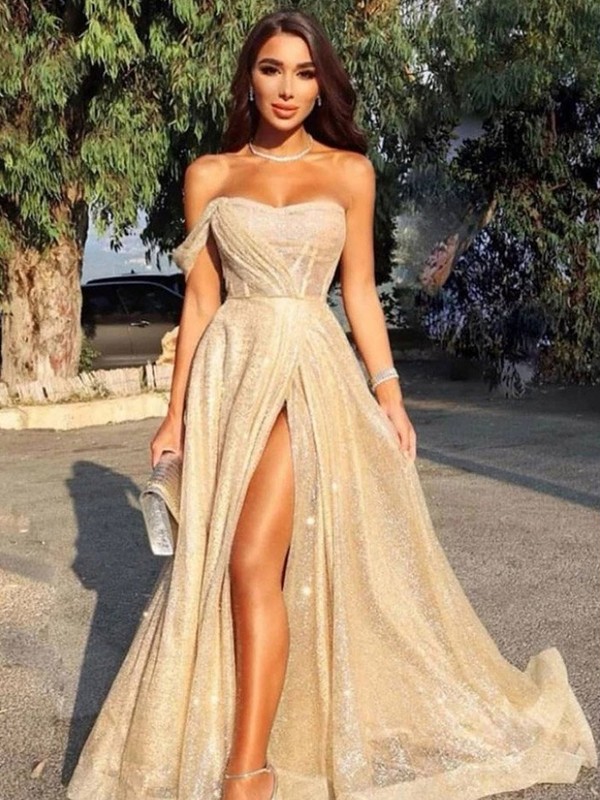 A-line Strapless V-neck Sleeveless Sweep / Brush Train Evening Dress With Ruffles 1
