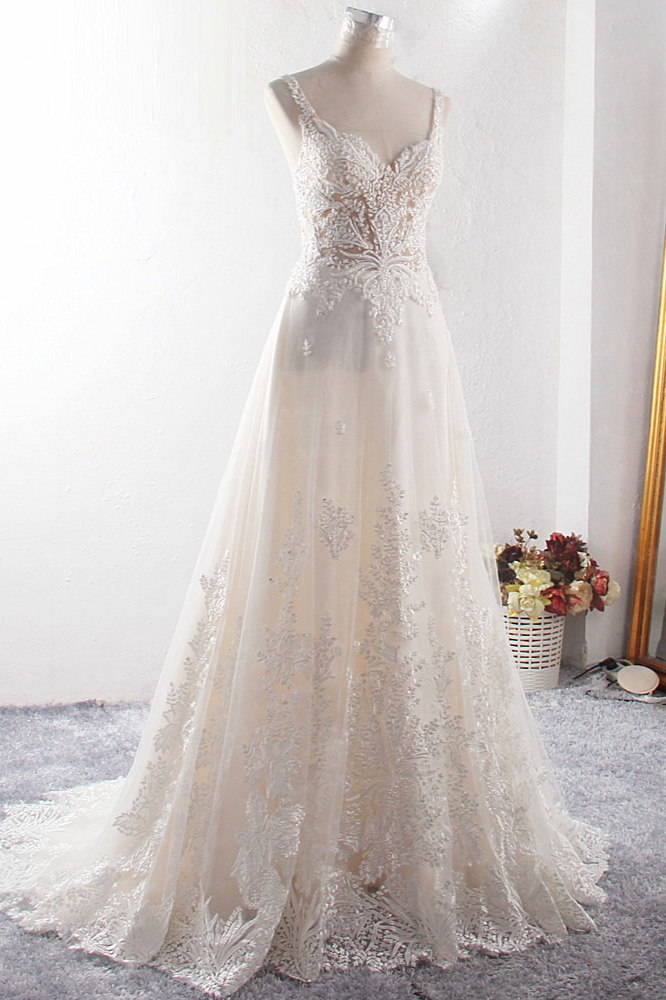 A-line Straps V-neck Sleeveless Floor-length Tulle Wedding Dress With Lace 3