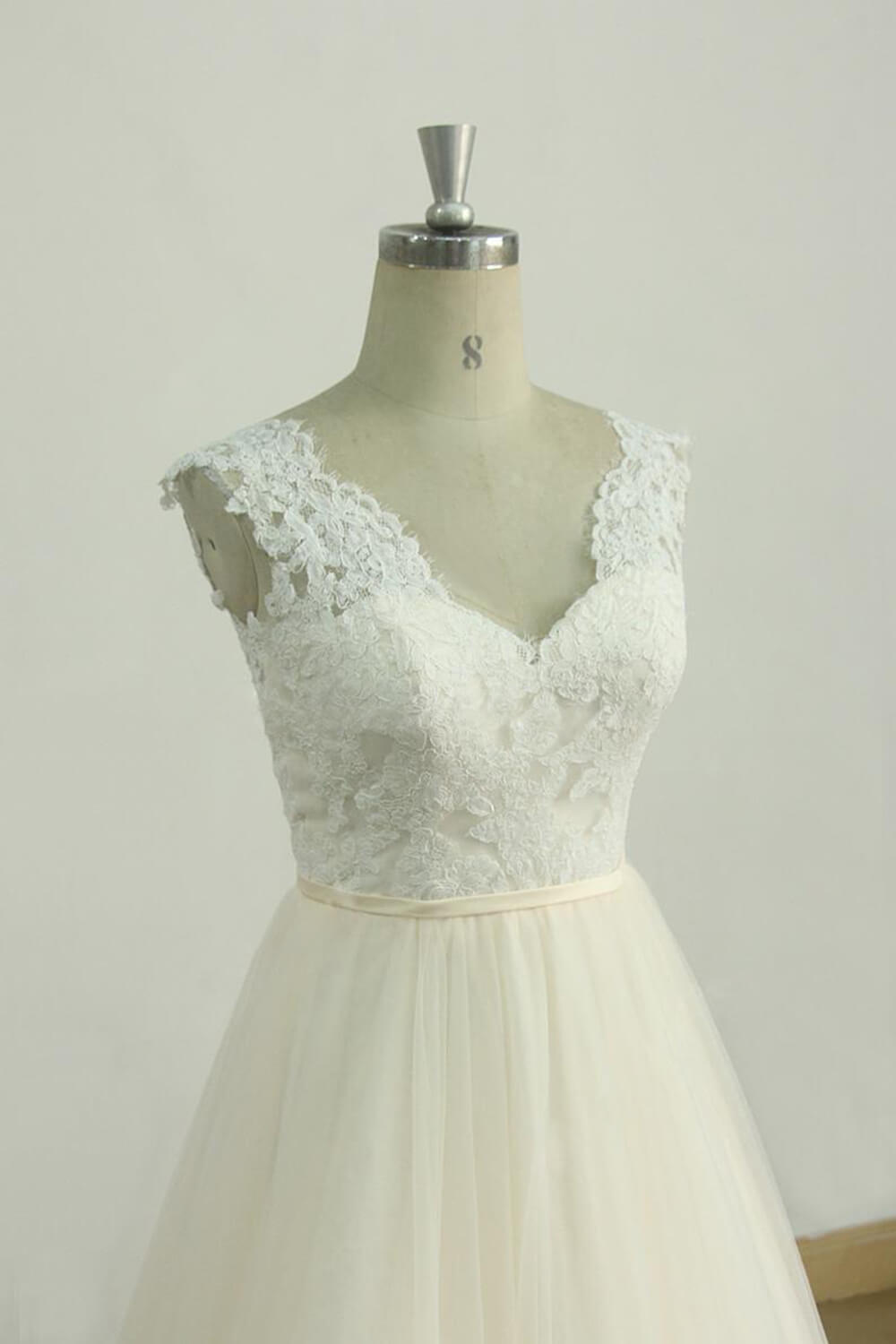 A-line V-neck Sleeveless Chapel Train Tulle Bridal Attire With Ribbons 3