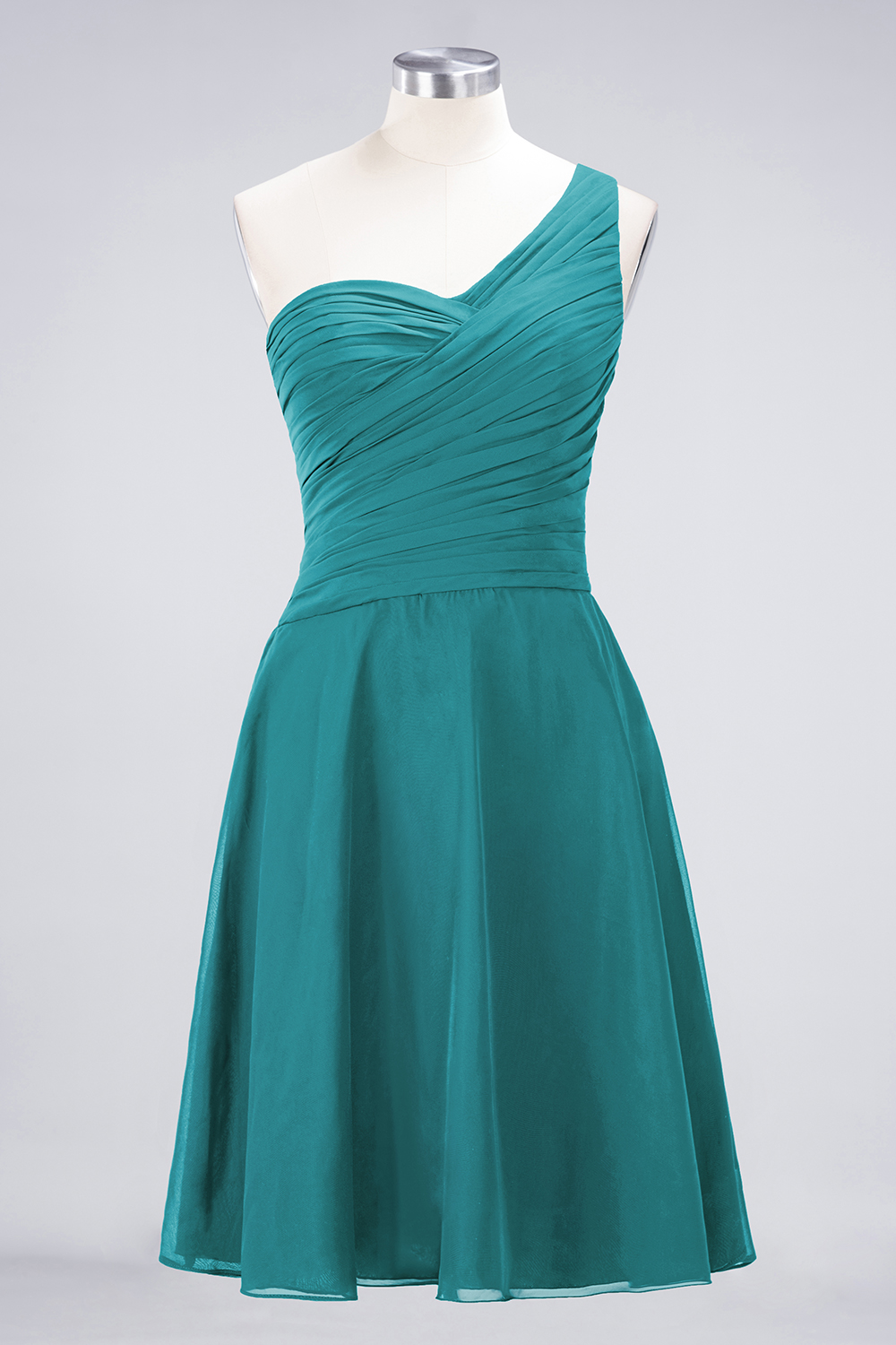 A-line One Shoulder Sweetheart Neck Sleeveless Knee-length 100D Chiffon Bridesmaid Attire With Ruffles 63