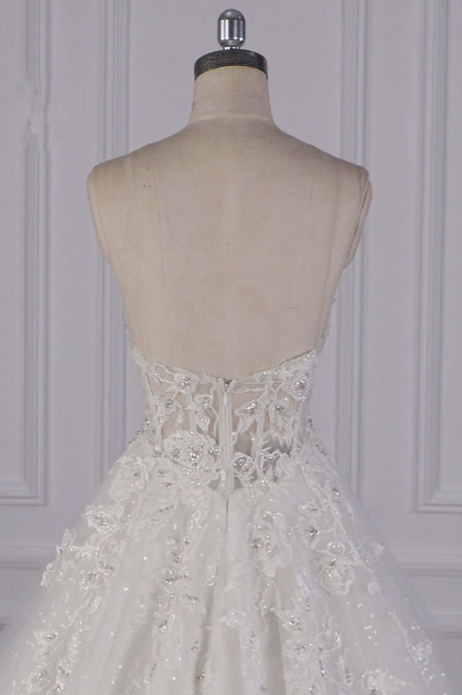 A-line Strapless Straps Sweetheart Neck Sleeveless Floor-length Tulle Bridal Dress With Lace 6