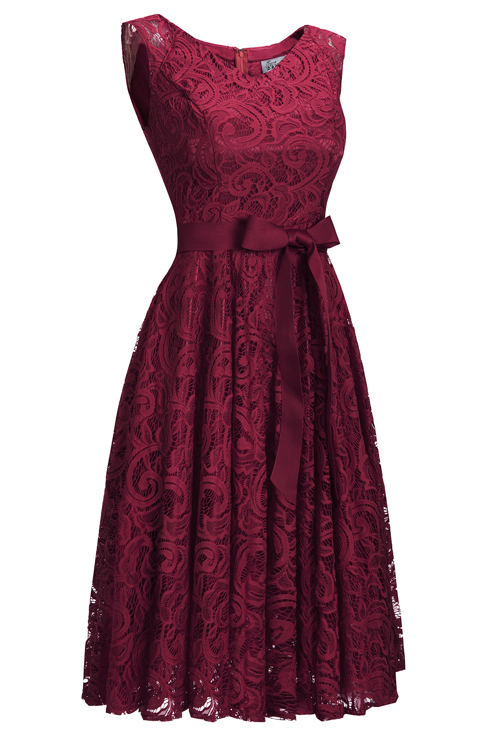 A-line Jewel Neck Sleeveless Knee-length Lace Bridesmaid Outfit With Ribbons 6
