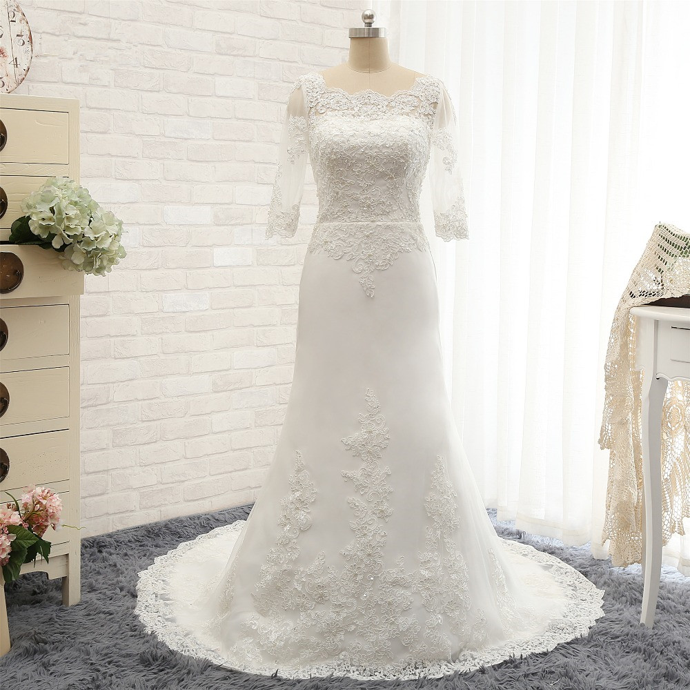 A-line Half-Sleeves Floor-length Stretch Satin Wedding Dress With Appliques 5