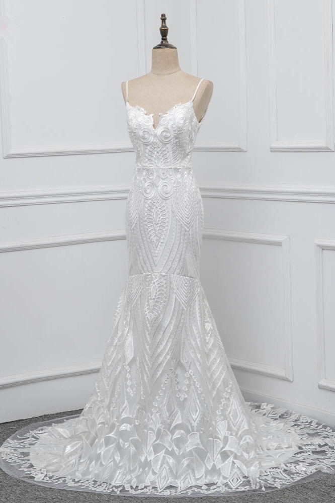 Mermaid Spaghetti Straps V-neck Sleeveless Floor-length Tulle Wedding Dress With Appliques 3