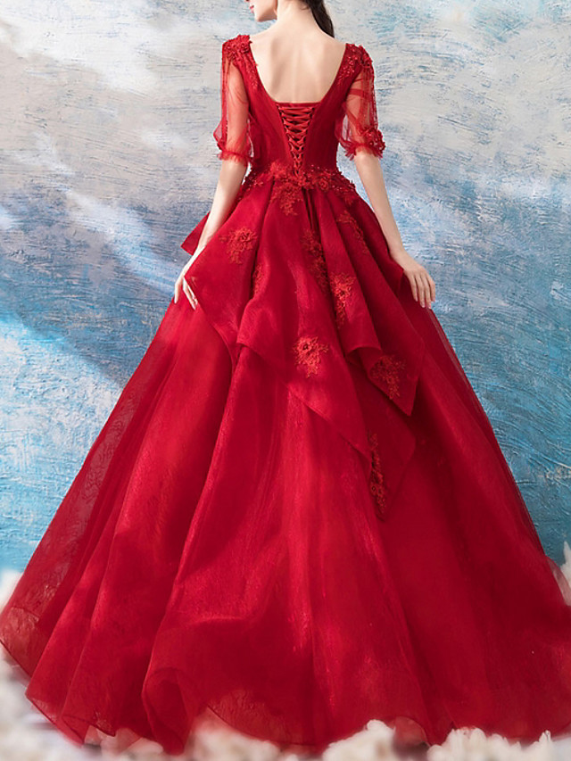 Ball Gown V-neck Half-Sleeves Floor-length Lace Bridal Dress With Lace 5