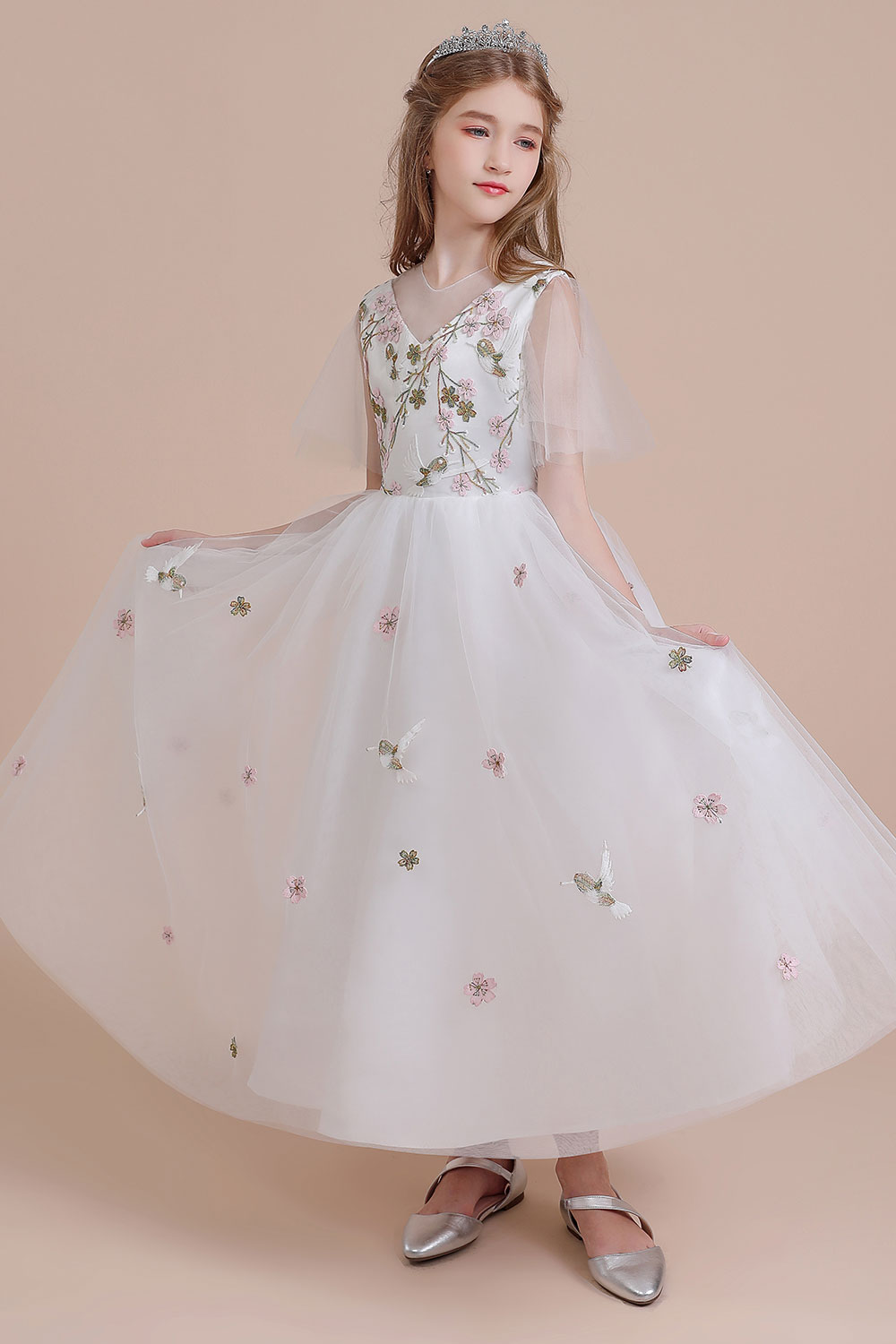 A-line V-neck Jewel Neck Short Sleeves Ankle-length Tulle Flower Girl Dress With Embroidery 4