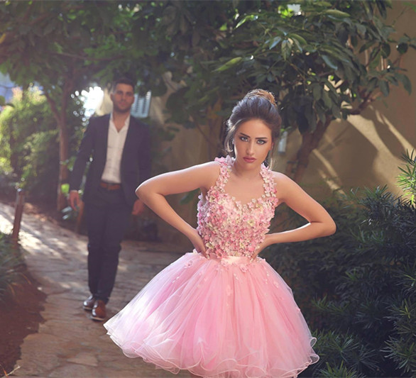 A-line Halter-neck Sleeveless Mini Homecoming Dress With Flower(s) 3