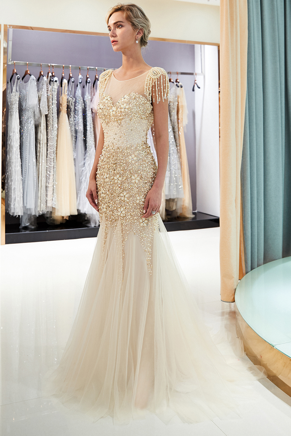 Mermaid Jewel Neck Sleeveless Sweep / Brush Train Tulle Evening Dress With Crystal Floral Pin 10