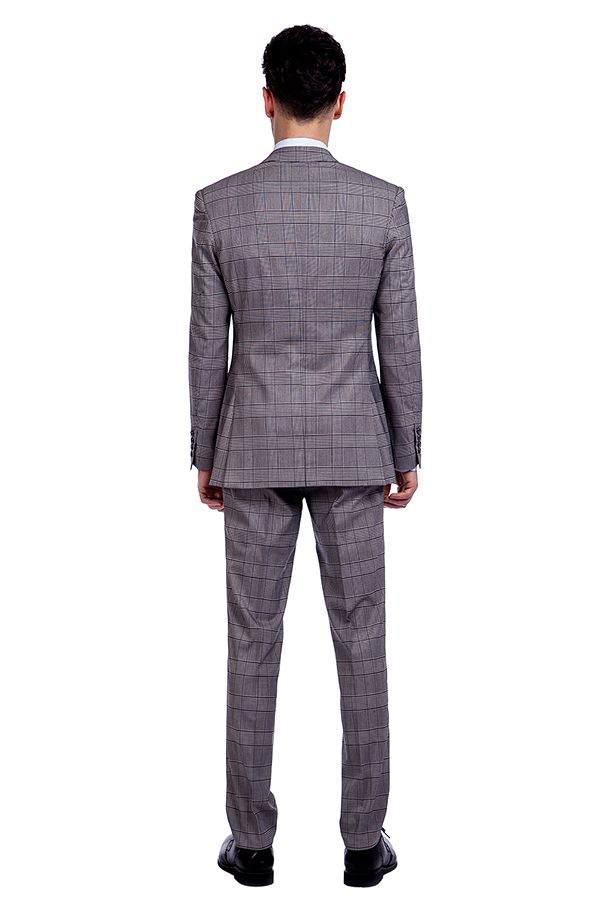 Grey Check Pattern Single Breasted Wool Blend Men's Suit for Business 3