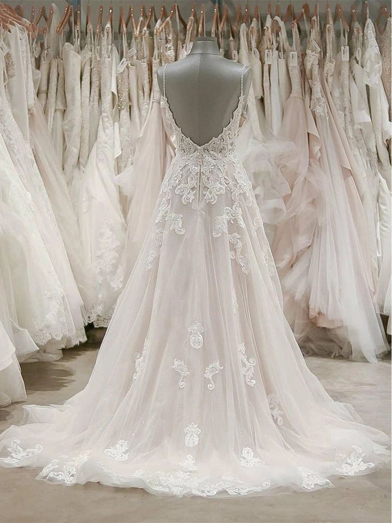 A-line Spaghetti Straps V-neck Sleeveless Floor-length Tulle Bridal Dress With Sequins 2