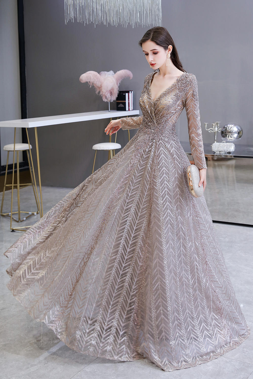 A-line V-neck Long Sleeves Sweep / Brush Train Lace Evening Dress With Pearls 8