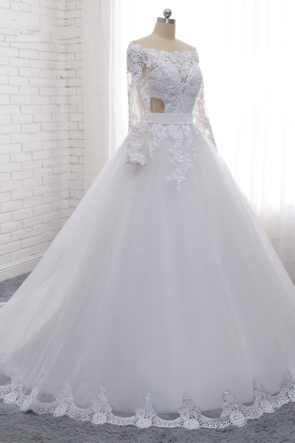 A-line Off-the-shoulder Long Sleeves Floor-length Tulle Wedding Dress With Lace 3
