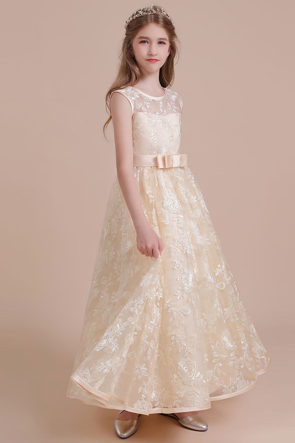 A-line Jewel Neck Sleeveless Ankle-length Tulle Flower Girl Dress With Embroidery 4