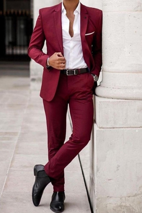 Burgundy Notched Lapel Men's Suit for Prom 2