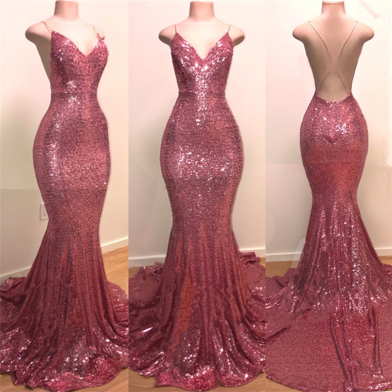 Mermaid Spaghetti Straps Sleeveless Sweep / Brush Train Evening Dress With Sequins 2