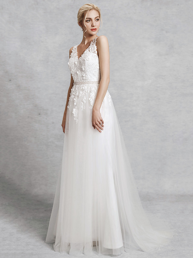 A-line Straps V-neck Court Train Lace Bridal Attire With Lace 3