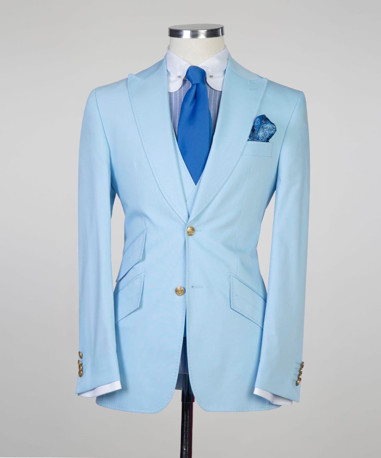 Sky Blue Three Pieces Slim Fit Men Suit with Peaked Lapel 5
