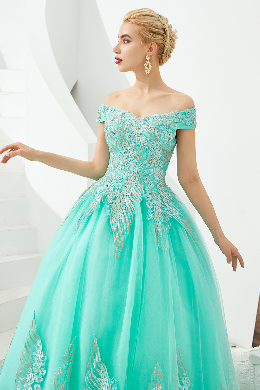 Ball Gown Off-the-shoulder Cap Sleeves Sweep / Brush Train Tulle Formal Dress With Beading 14