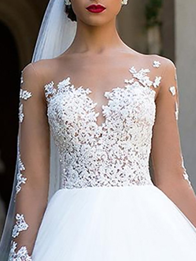 Ball Gown Long Sleeves Sweep / Brush Train Tulle Wedding Dress With Lace 3