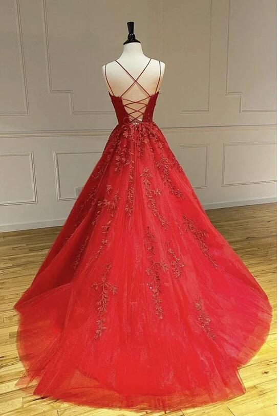 A-line Spaghetti Straps Sleeveless Sweep / Brush Train Tulle Formal Wear With Beading 3