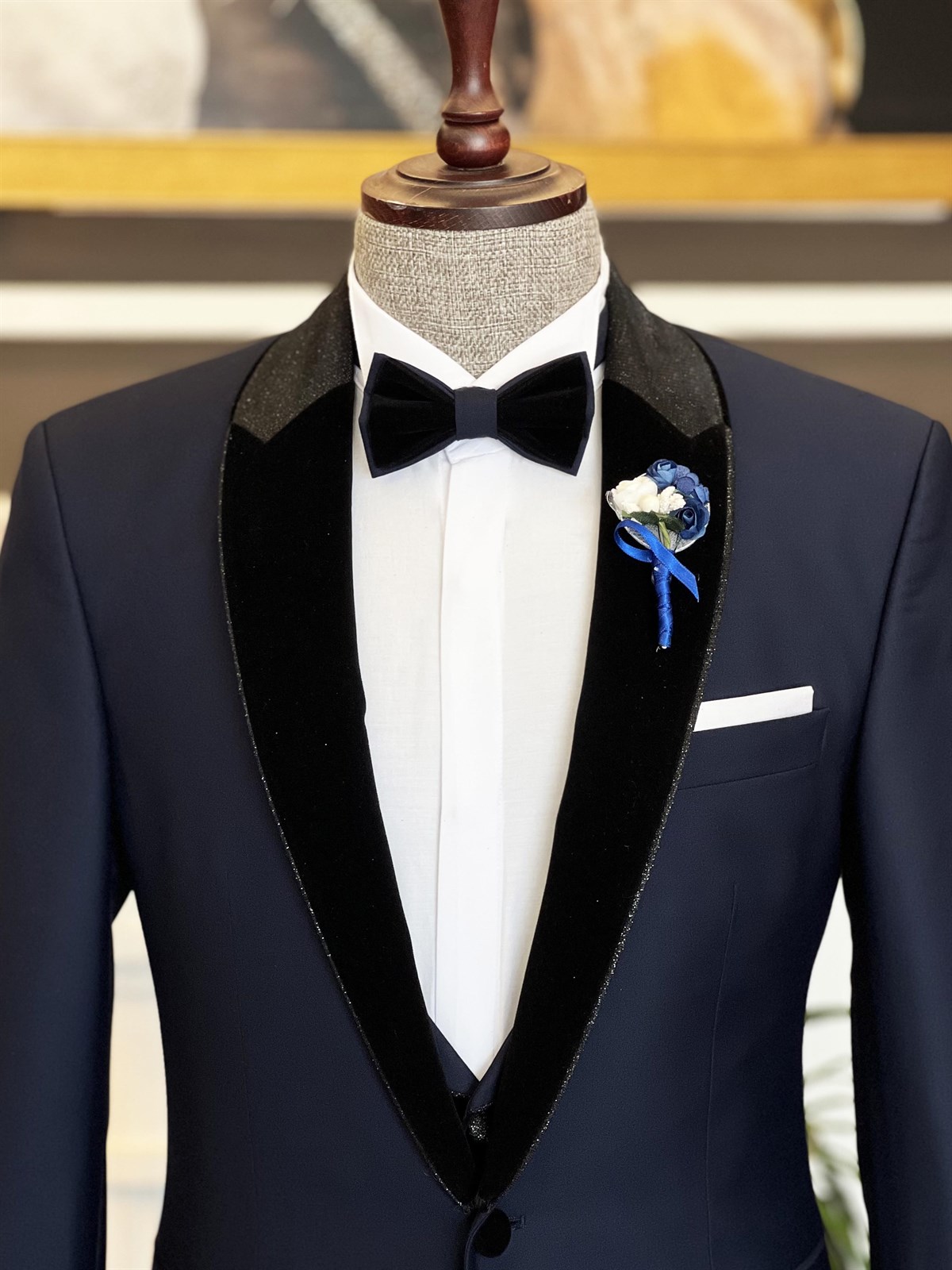 Dark Blue Splicing Shawl Lapel Men Suit 3
