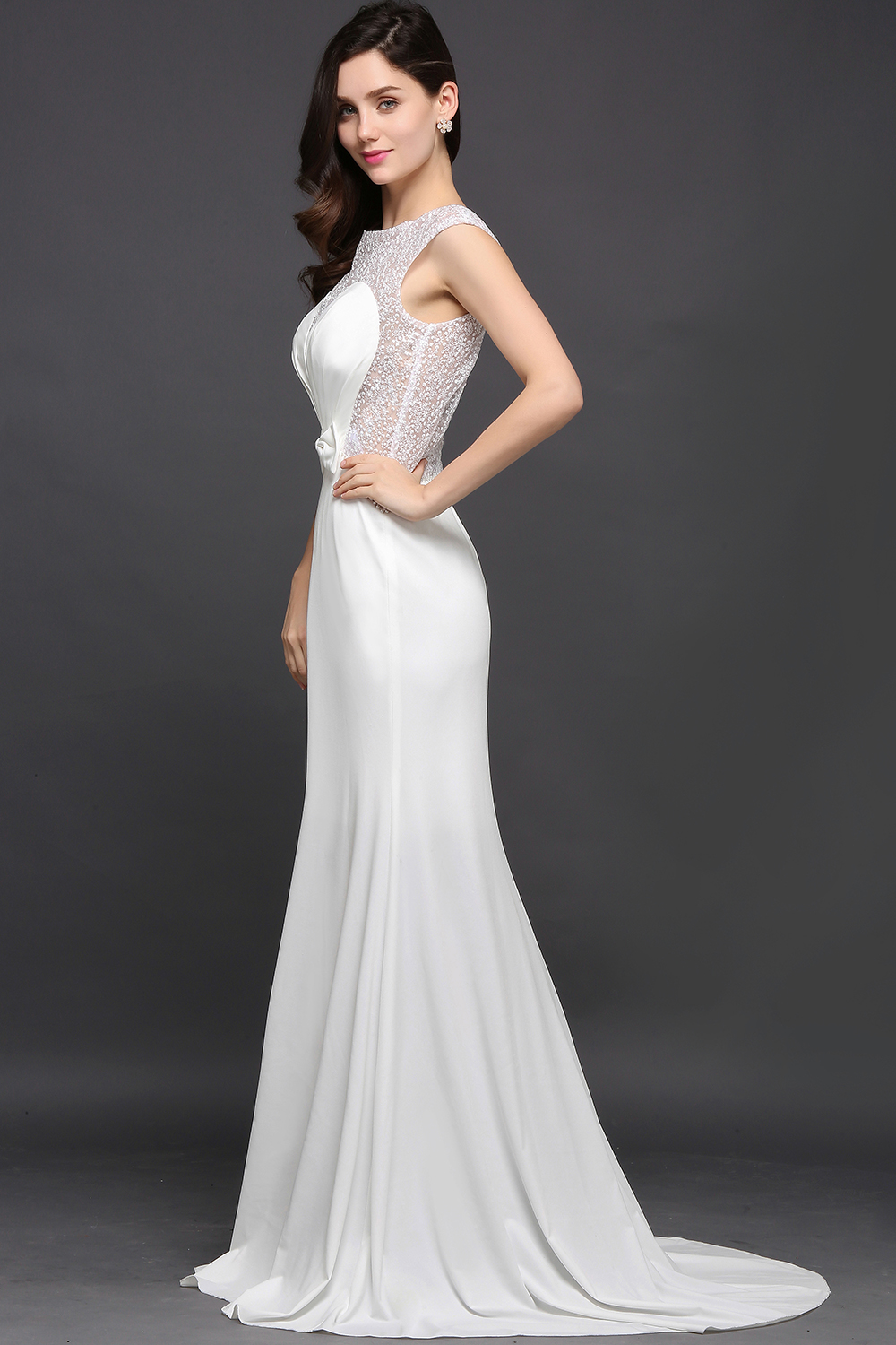 Mermaid Scoop Neck Sleeveless Sweep / Brush Train 100D Chiffon Bridal Gown With Beading 4