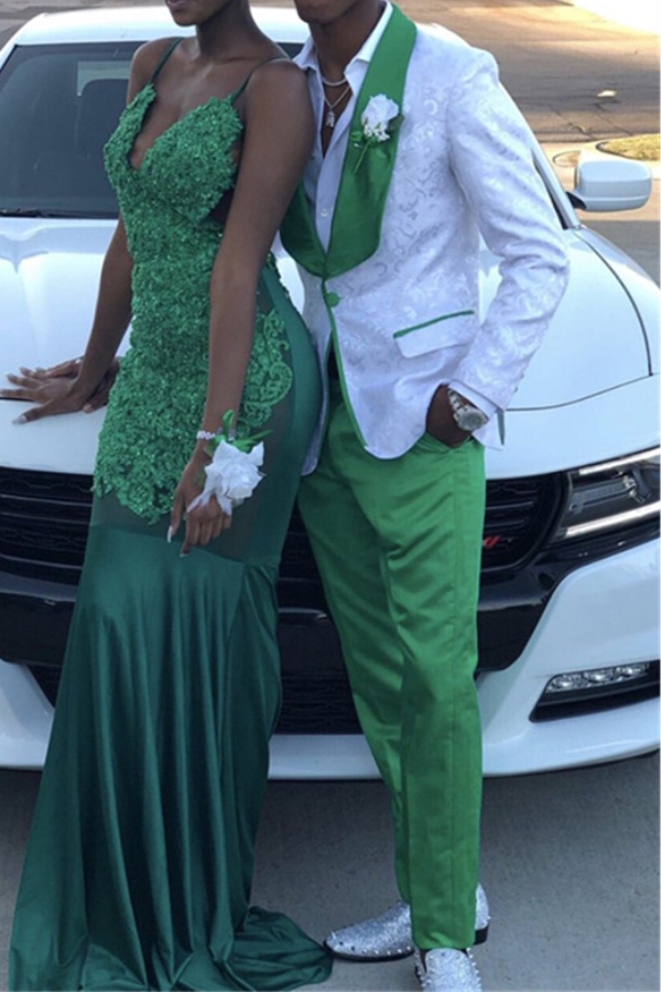 White Jacquard Prom Suit with Green Lapel 1