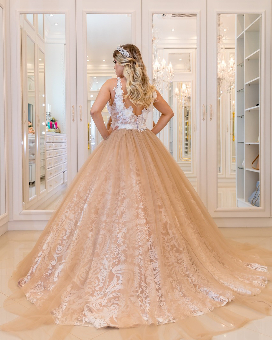 Ball Gown V-neck Sleeveless Court Train Tulle Evening Gown With Lace 3