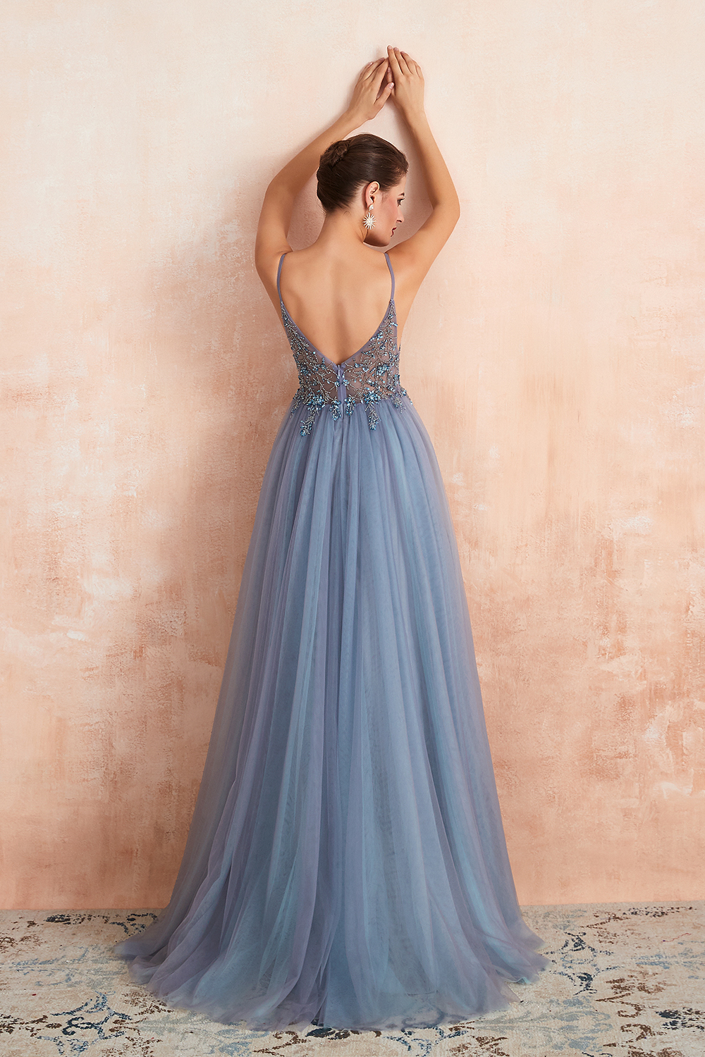 A-line V-neck Sleeveless Sweep / Brush Train Tulle Evening Dress With Sequins 2