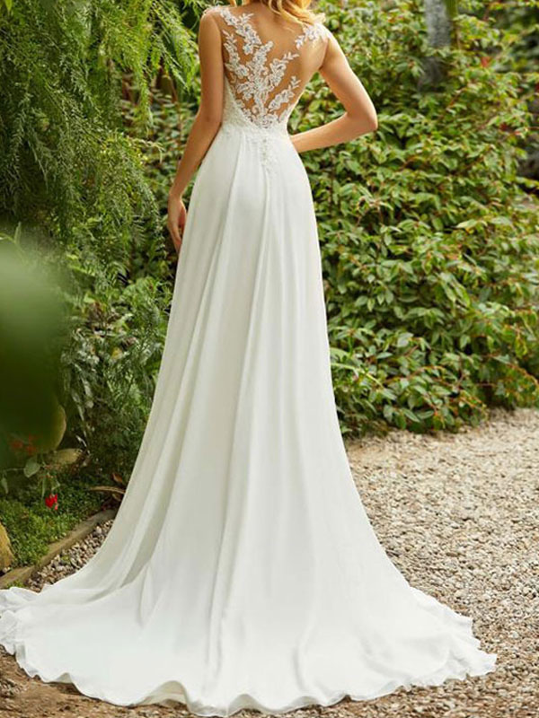 A-line V-neck Sleeveless Court Train Lace Wedding Gown With Lace 2