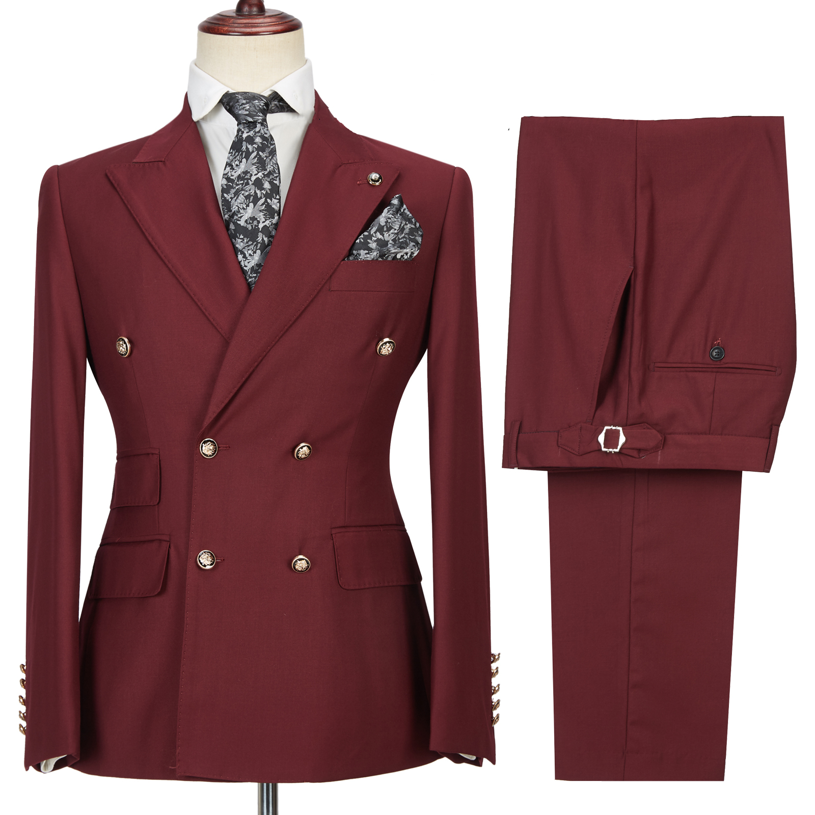 Burgundy Double Breasted Men's Formal Suit with Peak Lapel 4