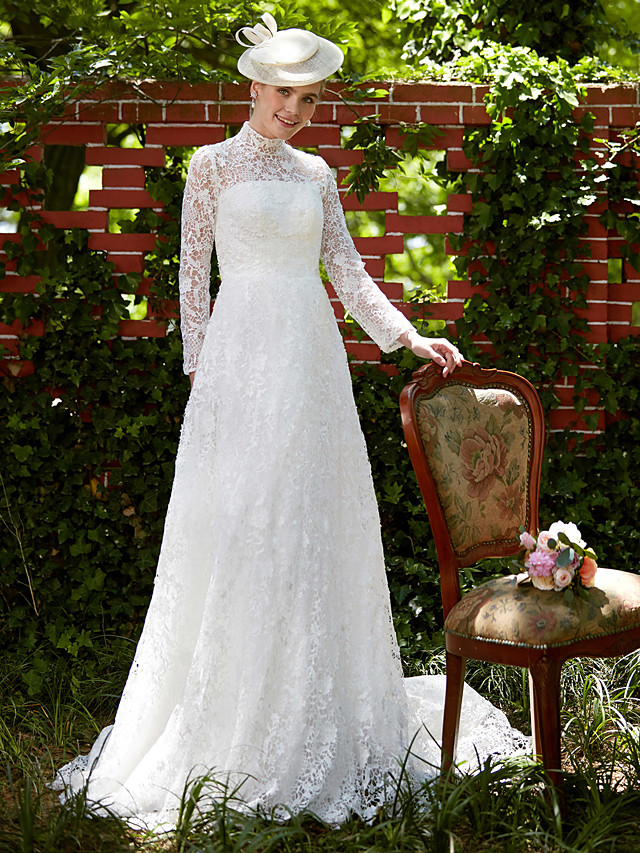 A-line Long Sleeves Court Train Lace Bridal Gown With Lace 5