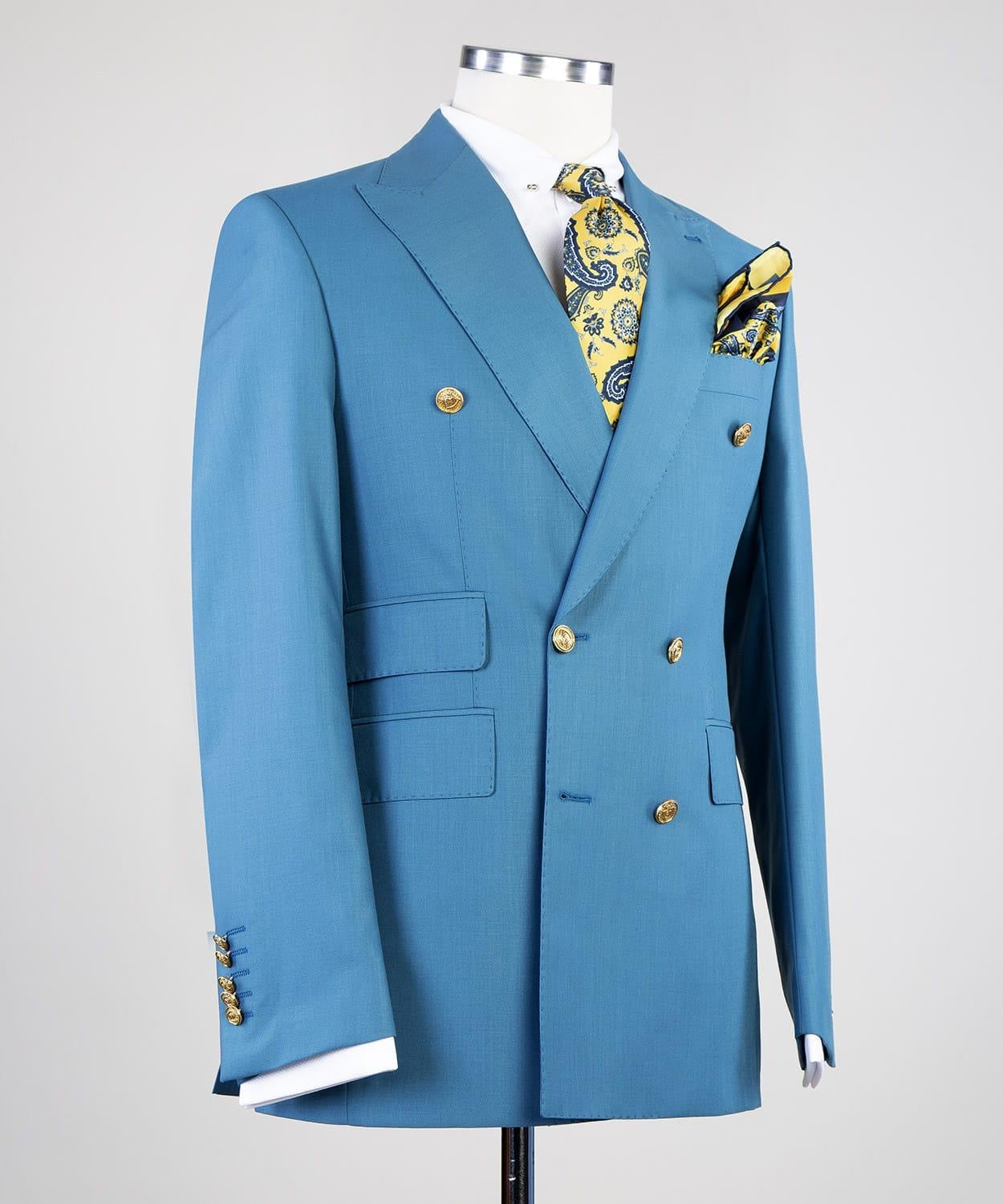 Blue Double Breasted Business Men Suit with Peaked Lapel 2