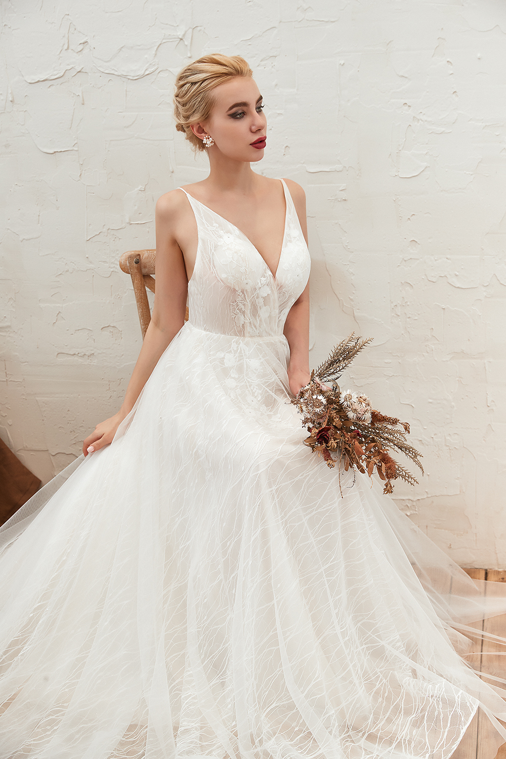 A-line Plunging Neckline Sleeveless Chapel Train Tulle Bridal Gown With Lace 11