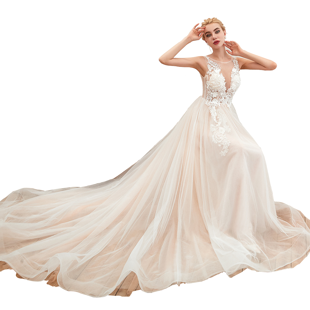 Ball Gown Jewel Neck Sleeveless Chapel Train Tulle Wedding Gown With Rhinestone 19