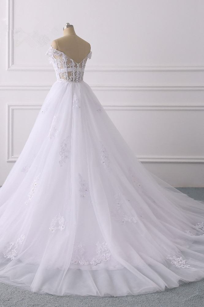 A-line Off-the-shoulder Sweetheart Neck Short Sleeves Floor-length Tulle Wedding Gown With Appliques 4