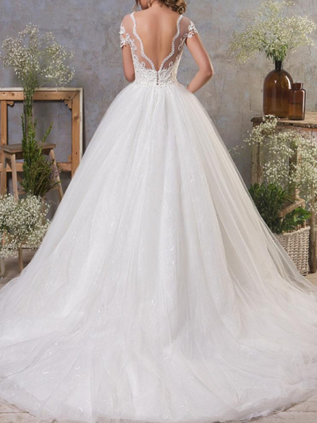 A-line Short Sleeves Court Train Lace Wedding Gown With Lace 2