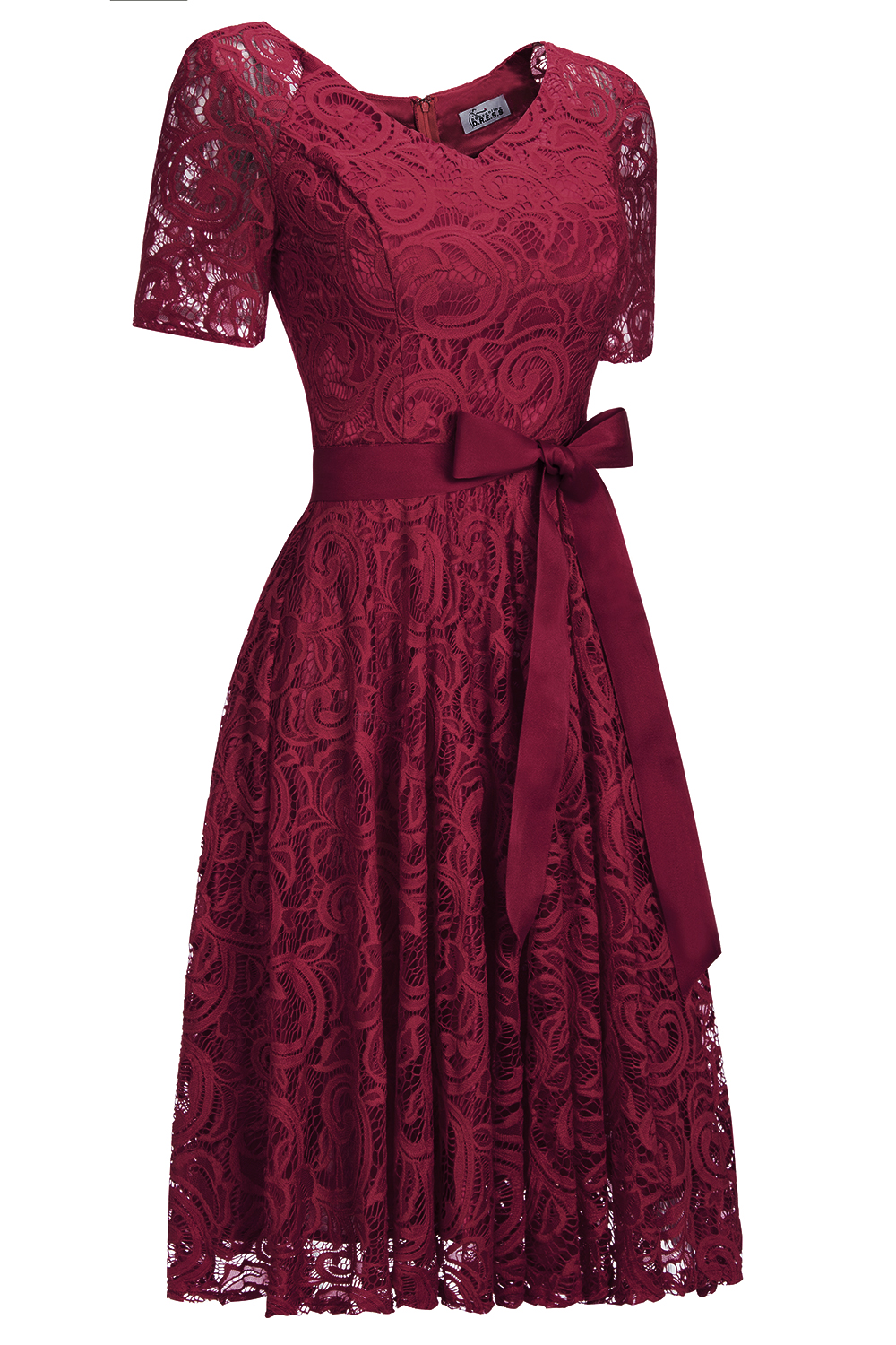 A-line V-neck Short Sleeves Knee-length Lace Bridesmaid Dress With Ribbons 11