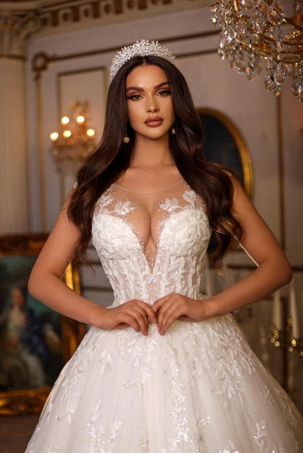 Deep V-Neck Shimmering Ball Gown with Floral Lace Appliques and Cathedral Train 3
