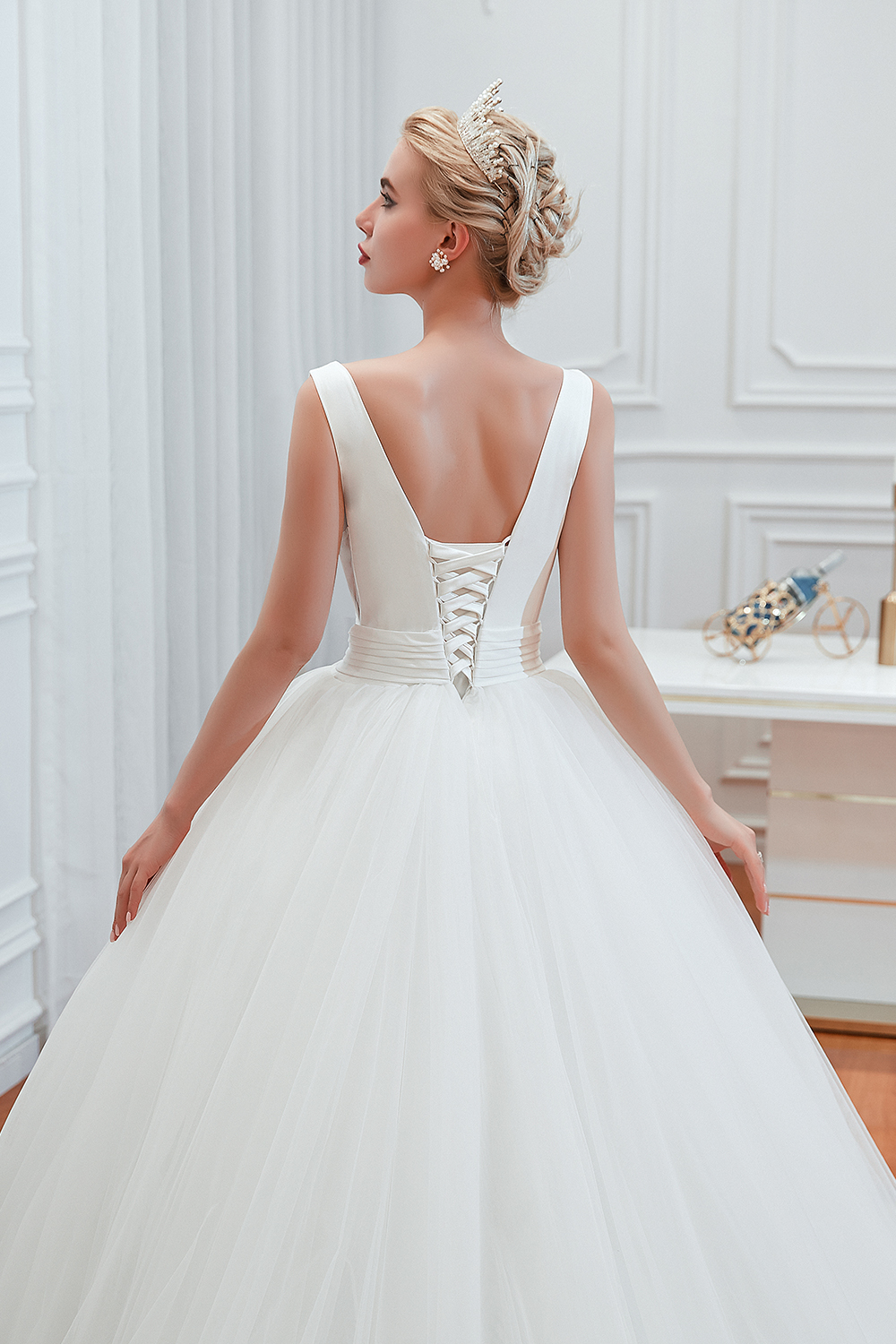V-neck Sleeveless Cathedral Train Satin Bridal Gown With Ruffles 8