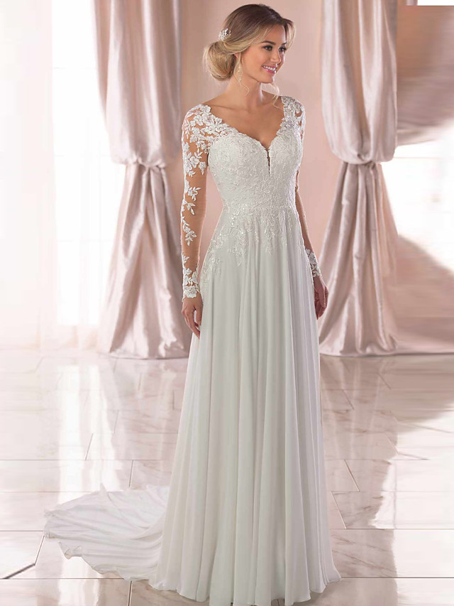 A-line V-neck Long Sleeves Chapel Train 100D Chiffon Bridal Gown With Lace 3