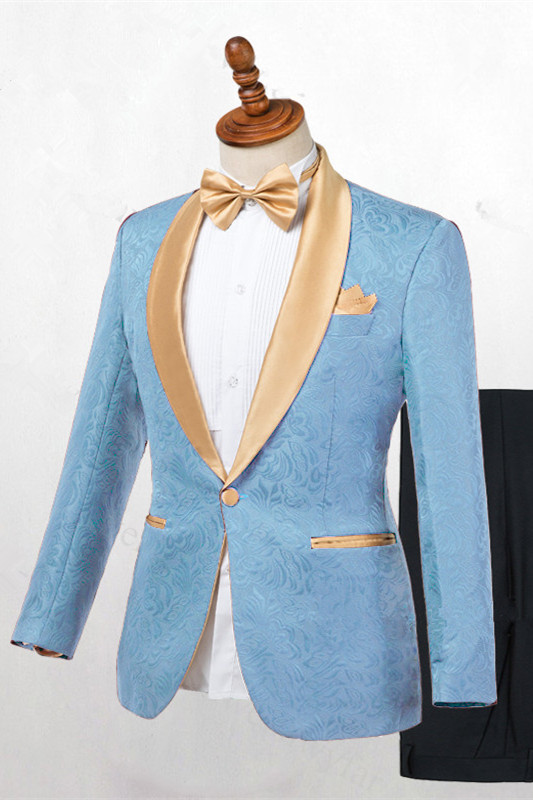 Blue One Button Shawl Lapel Wedding Suit 1