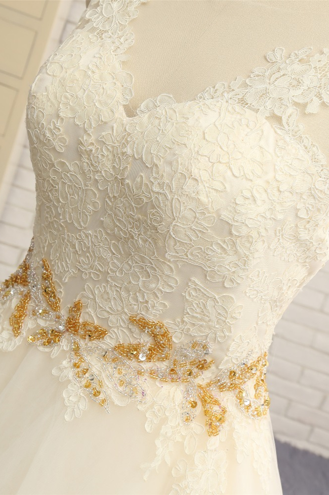A-line Straps Court Train Tulle Wedding Gown With Lace 4